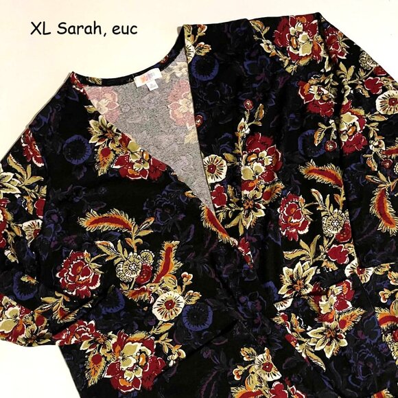 XL Lularoe Sarah cardigan sweater, black and purple with red and gold flowers - Picture 1 of 2